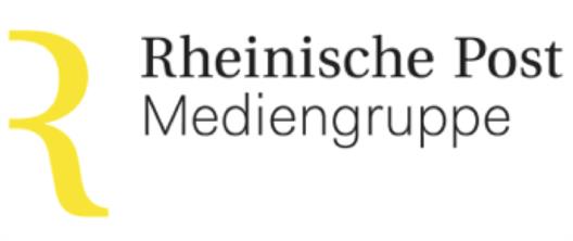 Man sieht das Logo der Rheinische Post Mediengruppe. Es besteht aus dem gelben Buchstaben "R" und dem schwarzen Schriftzug "Rheinische Post Mediengruppe".